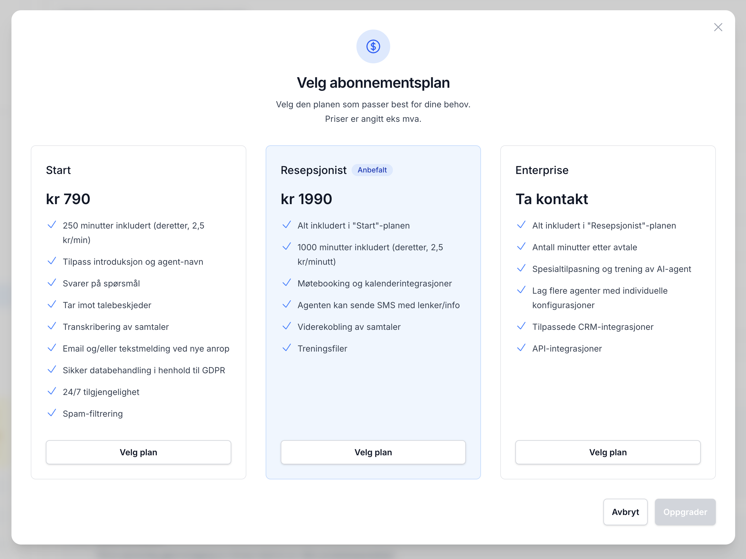 Anrop subscription plans modal