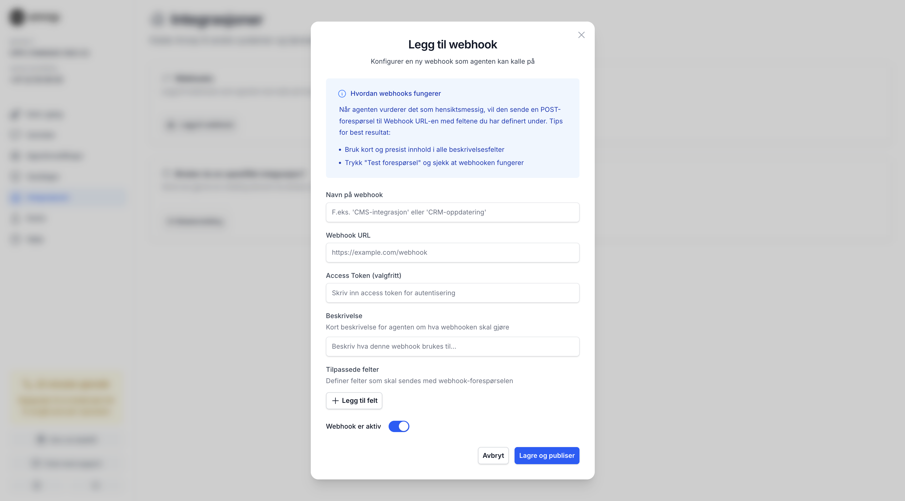 Anrop integrations — add webhook modal